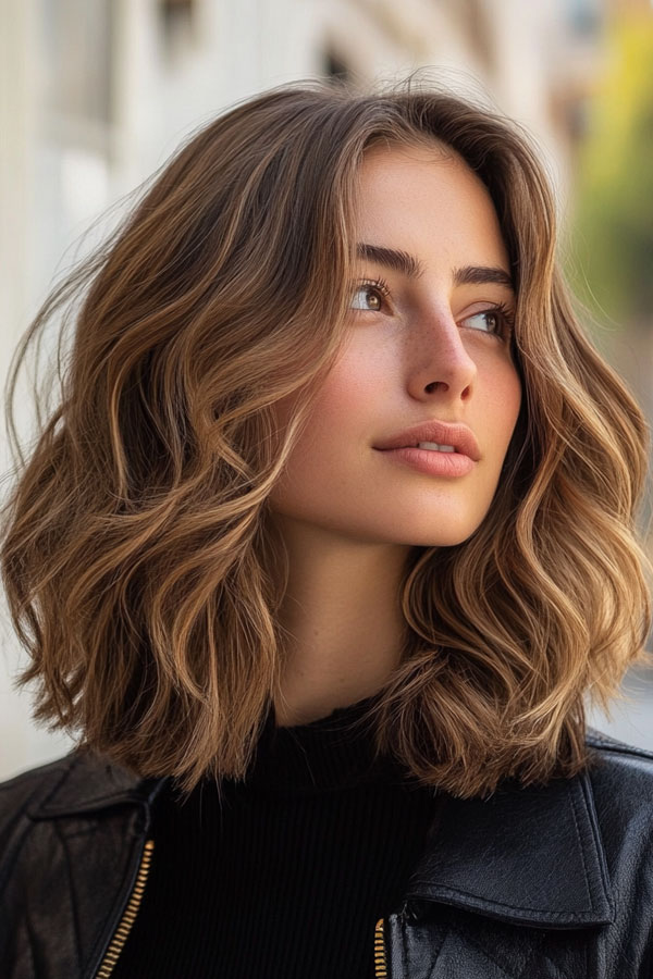 Collarbone Lob With Caramel Balayage — Balayage on Wavy Hair 2027