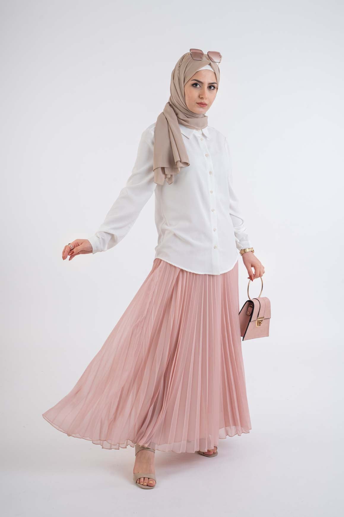 Elegant Blush Pink: Pleated Skirt with White Shirt for Events Elegant Blush Pink: Pleated Skirt with White Shirt for Events — Modest Outfits 2027
