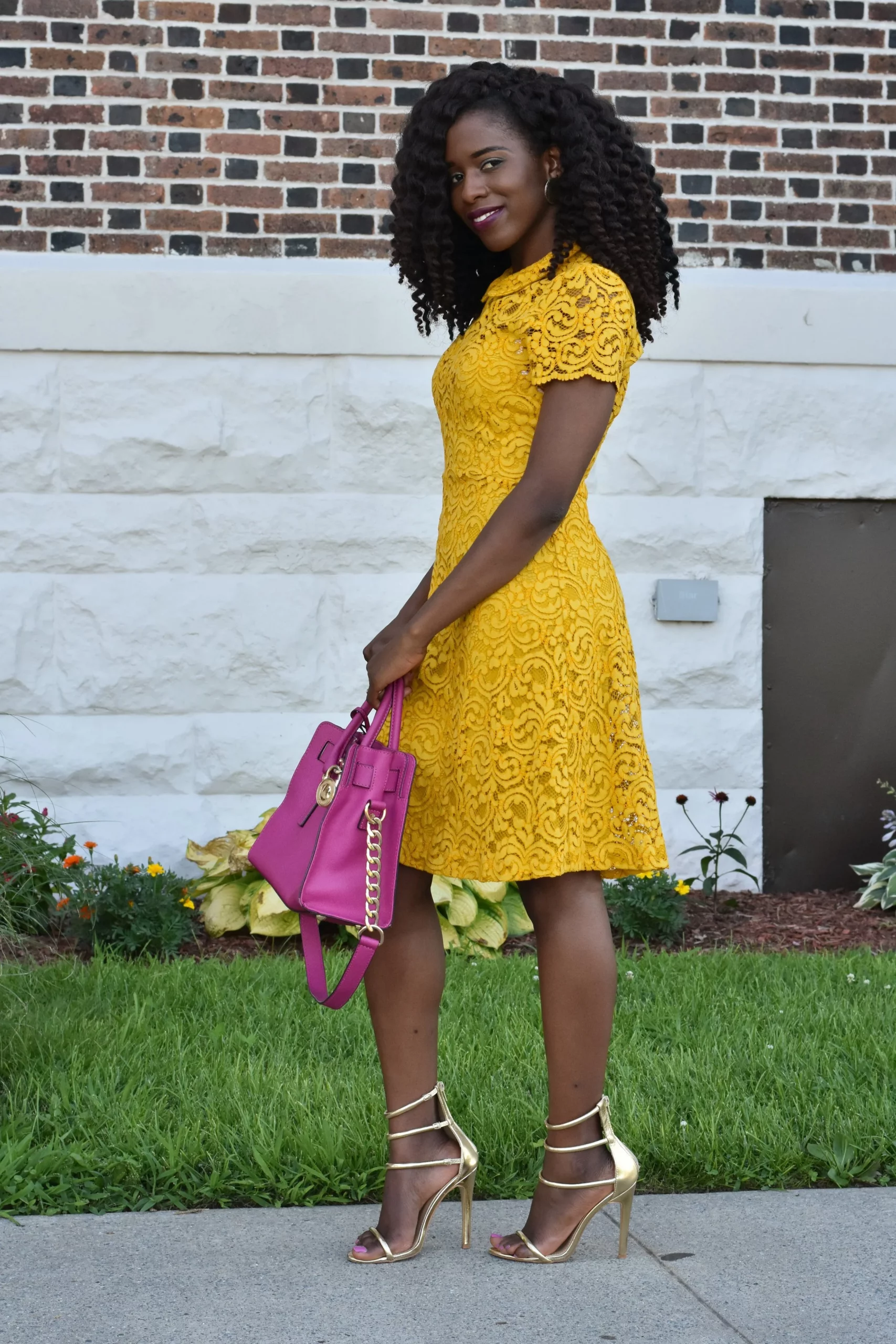 Mustard Yellow Lace Dress with Gold Stiletto Sandals and Pink Handbag — Mustard Outfits 2027