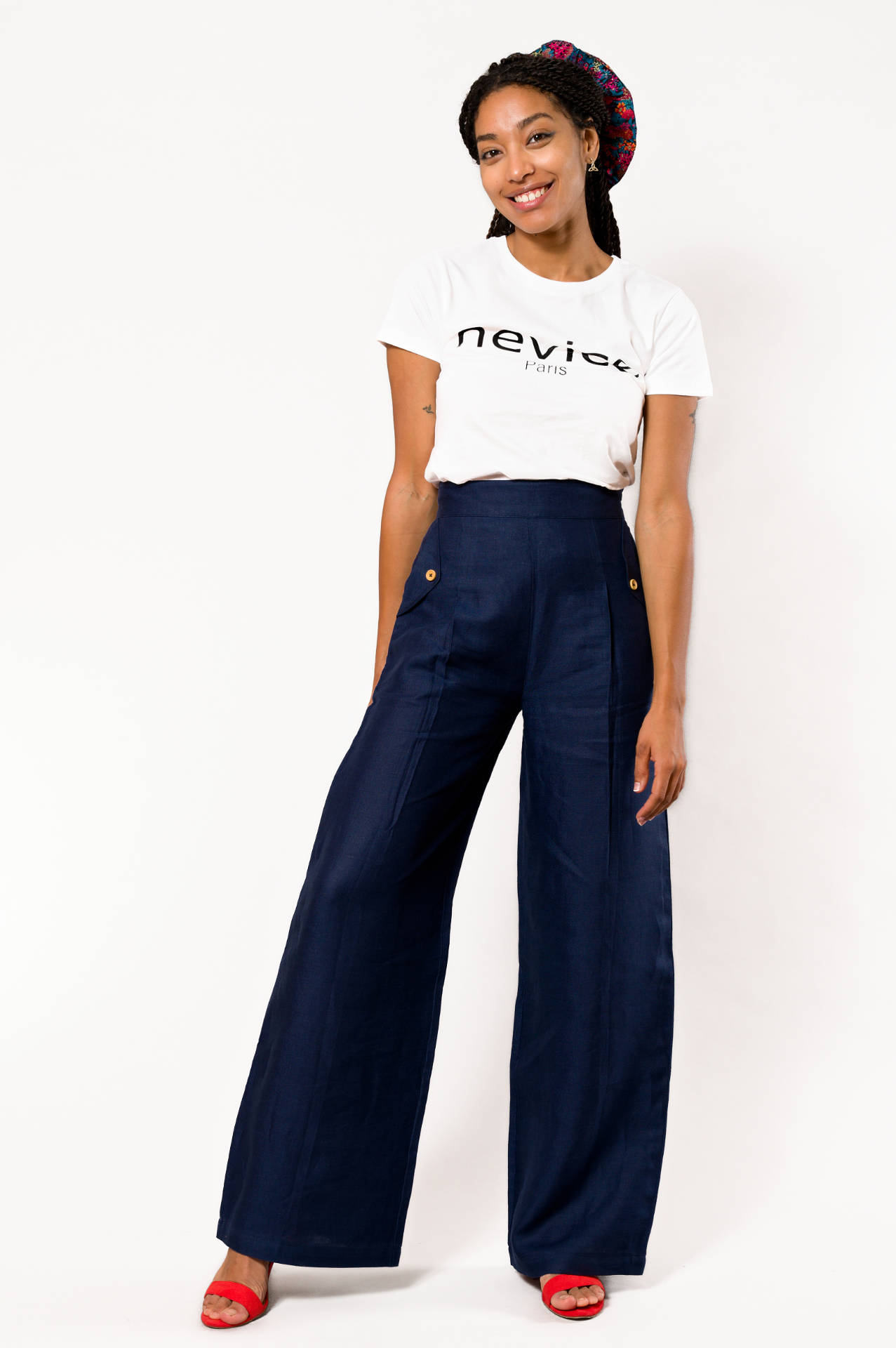 Red Heels Outfit Idea — Navy Blue Linen Pants Outfits 2027