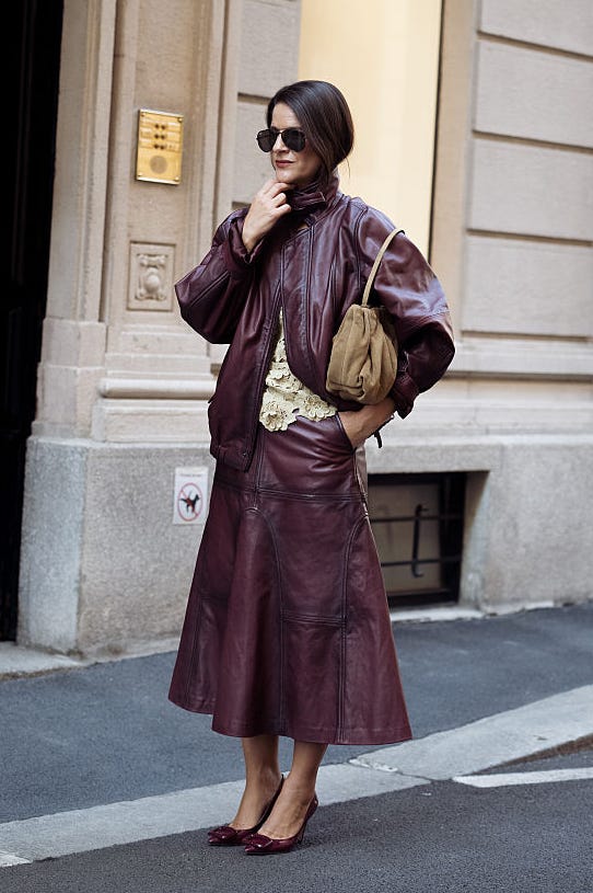 Monochromatic Burgundy Leather Midi Skirt Look — Midi Skirts 2027