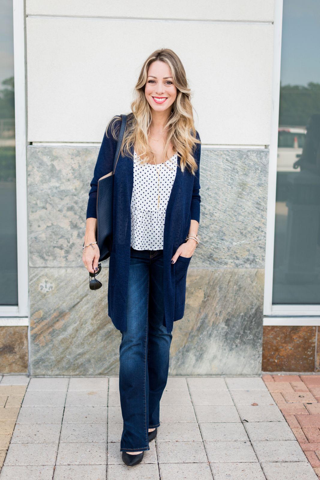 Dark Wash Bootcut Jeans with Polka Dot Tank and Long Cardigan Dark Wash Bootcut Jeans with Polka Dot Tank and Long Cardigan — Bootcut Jeans Outfits 2027 with Tank Top