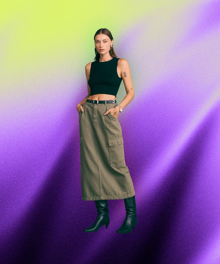 Olive Green Cargo Maxi Skirt with Black Accents — Cargo Skirts 2027