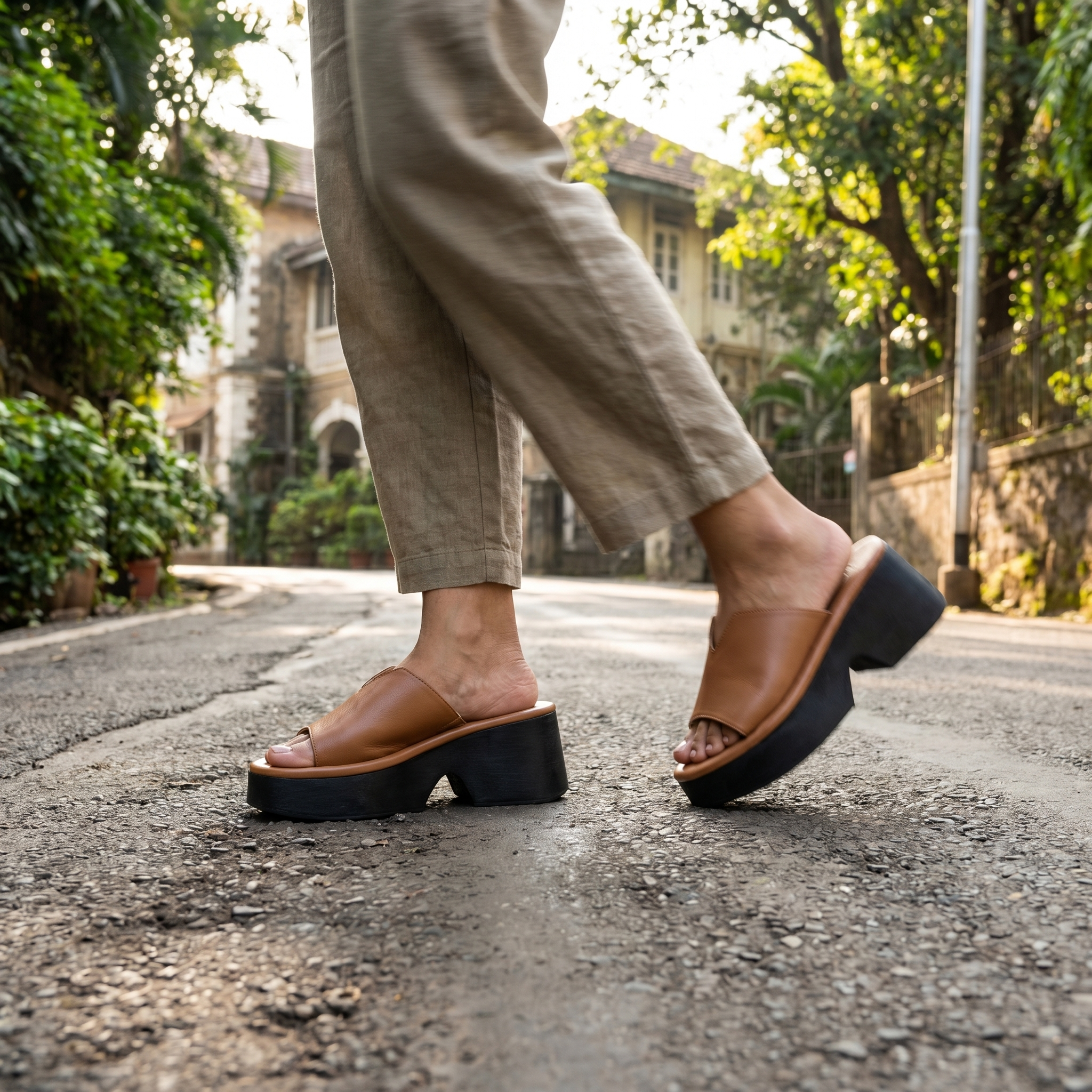 Effortless Comfort: Tan Slides with Linen Trousers Effortless Comfort: Tan Slides with Linen Trousers — Platform Heels Outfits 2027