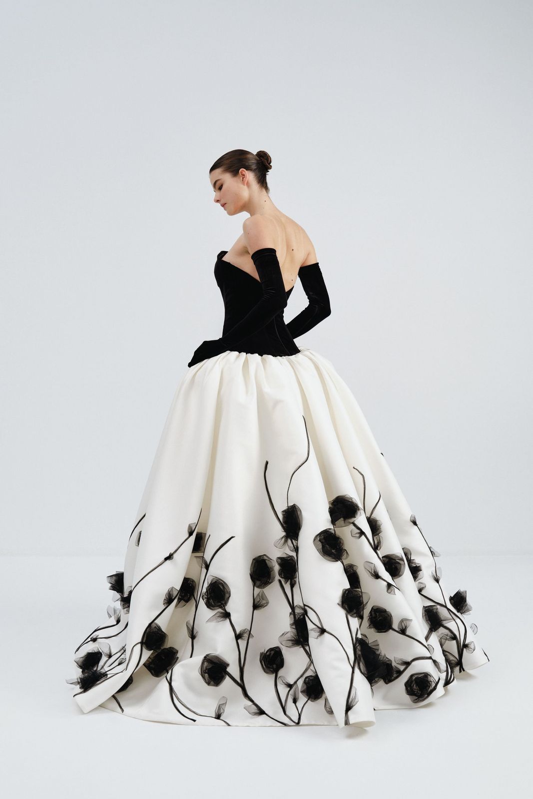 Black Velvet Bodice with White Satin Skirt and Black Velvet Gloves Black Velvet Bodice with White Satin Skirt and Black Velvet Gloves — Prom Dress 2027 with Gloves