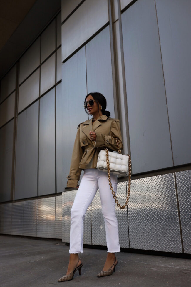 Cropped Beige Trench with White Jeans and Slingbacks — Spring Outfits 2027 with Trench Coat