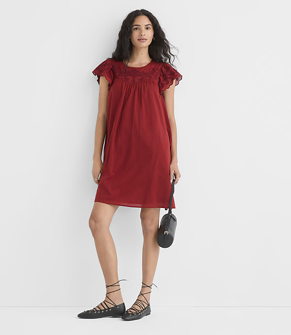 Red Short-Sleeve Dress with Embroidered Neckline and Ruffles Red Short-Sleeve Dress with Embroidered Neckline and Ruffles — Ruffle Dresses 2027