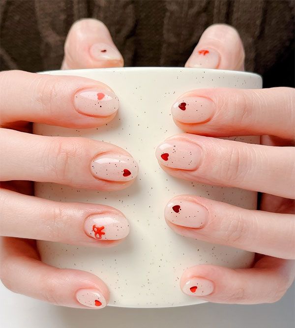 Short Oval Nude Red Bow Heart Nails Short Oval Nude Red Bow Heart Nails — Simple Bow Nails 2027