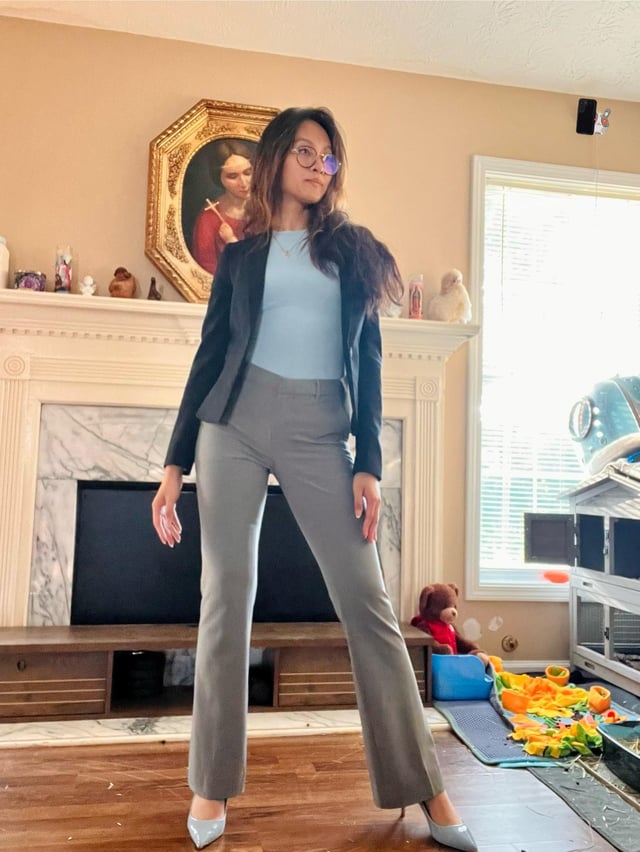 Flared Grey Trousers with Fitted Blue Top and Black Blazer Flared Grey Trousers with Fitted Blue Top and Black Blazer — Business Casual Outfits 2027