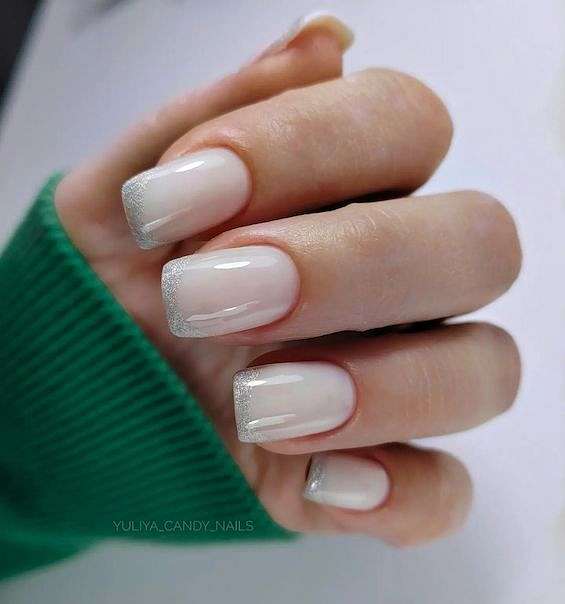 Short Square Translucent Milky White Glitter Tips Short Square Translucent Milky White Glitter Tips — Wedding Square Nails 2027