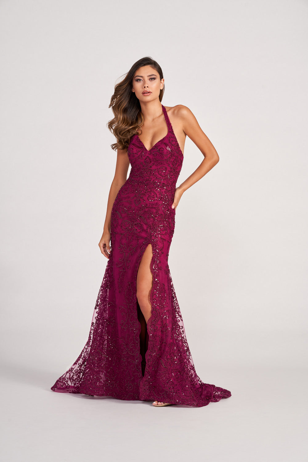 Burgundy Halter Neck Sequin Lace Gown with High Slit Burgundy Halter Neck Sequin Lace Gown with High Slit — Prom Outfits 2027