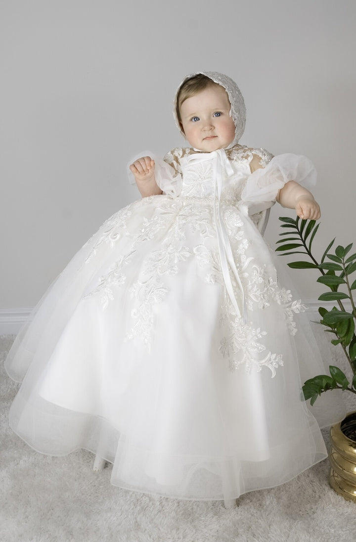 Ballgown Christening Dress with Puffed Sheer Sleeves — Christening Outfits 2027