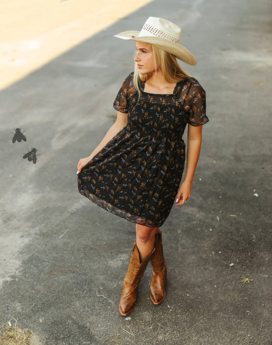 Black Floral Dress with Sheer Sleeves and Cowboy Boots Black Floral Dress with Sheer Sleeves and Cowboy Boots — Cowgirl Dress 2027