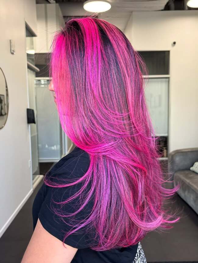 Vivid Pink With Dark Roots Blowout — Pink Hair 2027