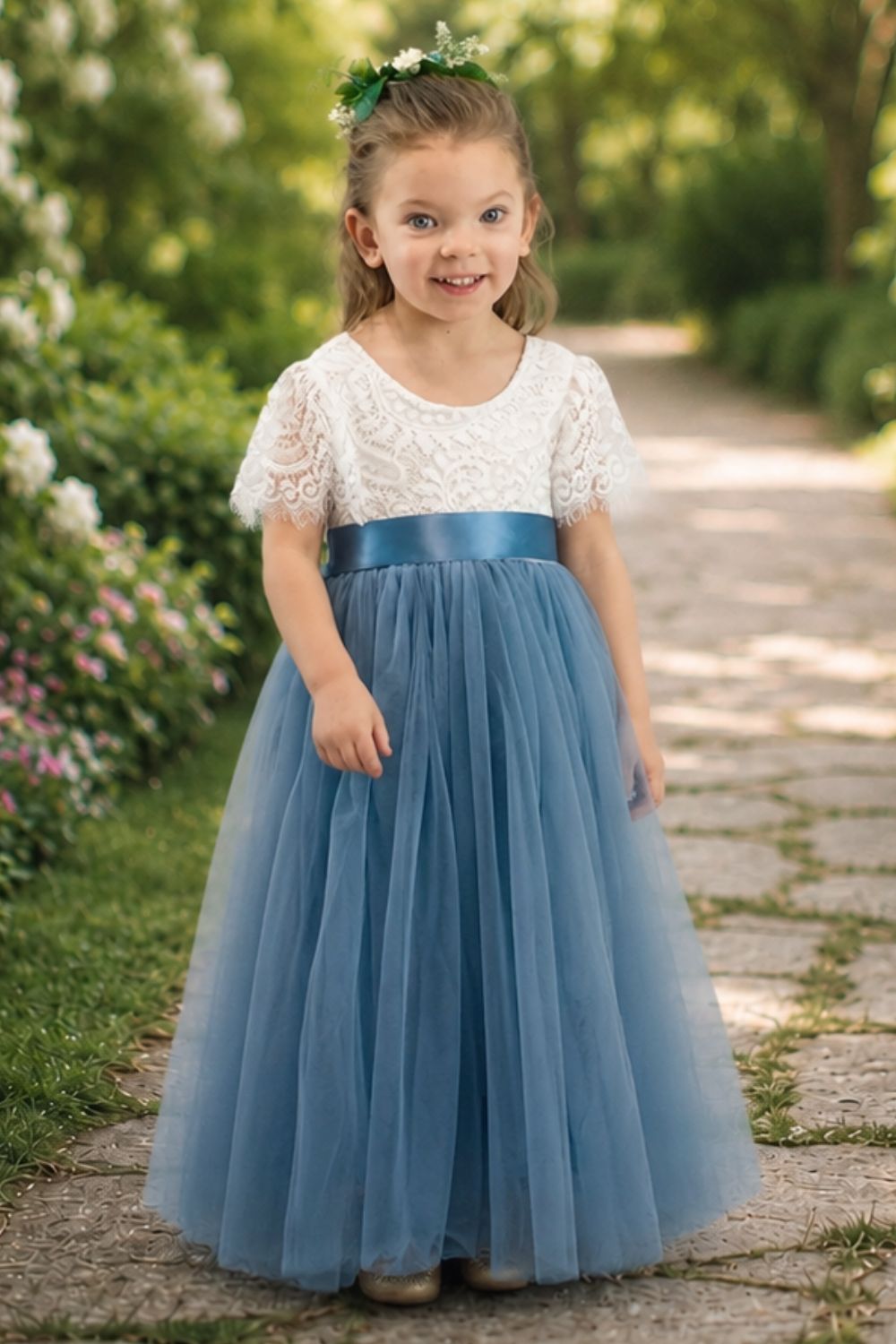 White and Dusty Blue Lace Bodice with Full Tulle Skirt White and Dusty Blue Lace Bodice with Full Tulle Skirt — Junior Bridesmaid Dress 2027