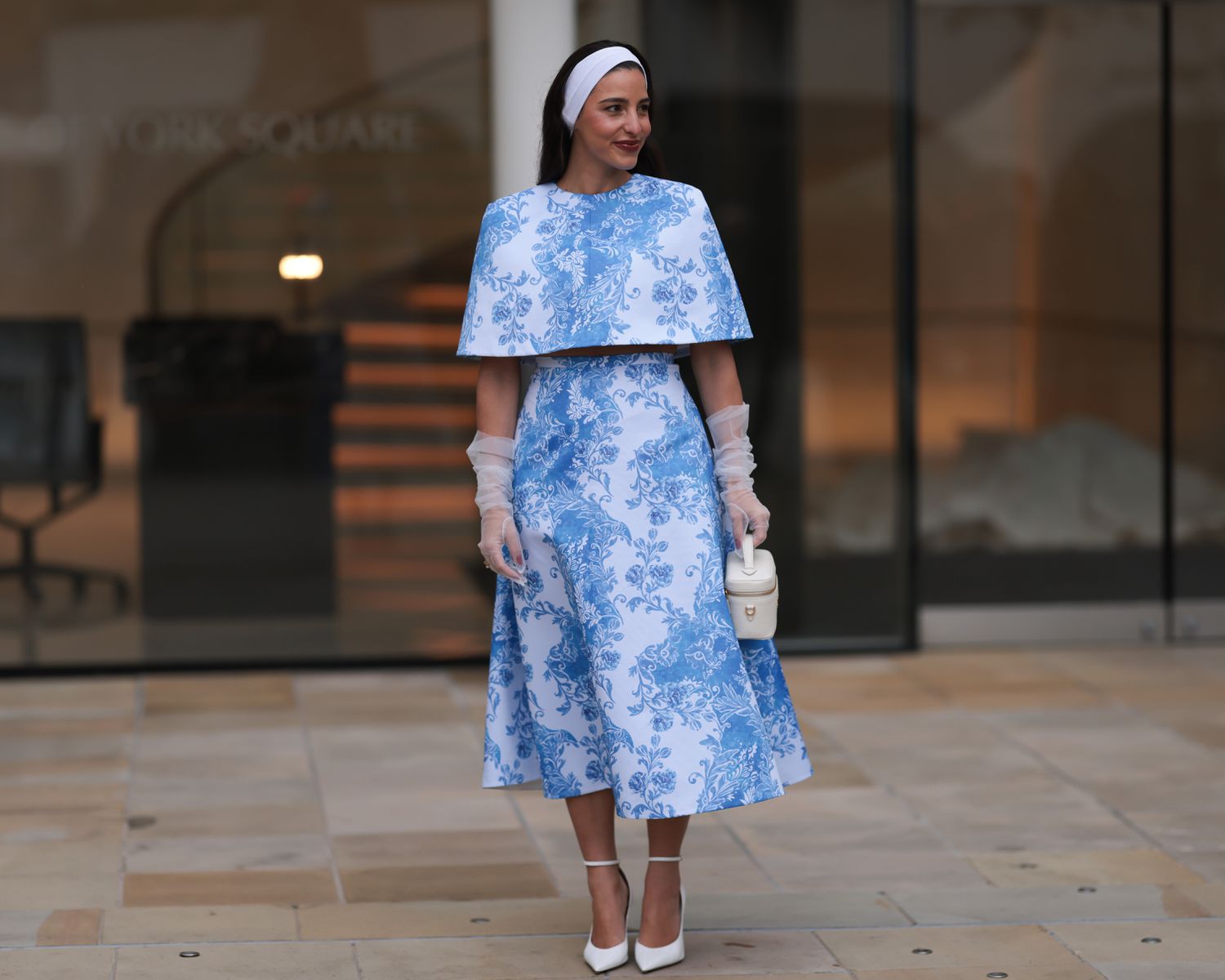 Blue and White Floral Brocade Set with Cape — Easter Dresses 2027