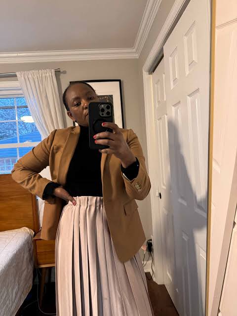 Camel Blazer with Pink Pleated Midi Skirt Camel Blazer with Pink Pleated Midi Skirt — Winter Outfits 2027 for Work