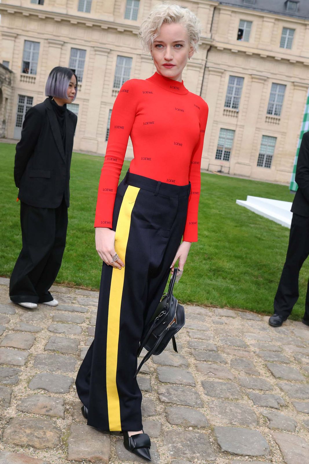 Red Logo Turtleneck with Striped Trousers — Turtleneck Outfits 2027