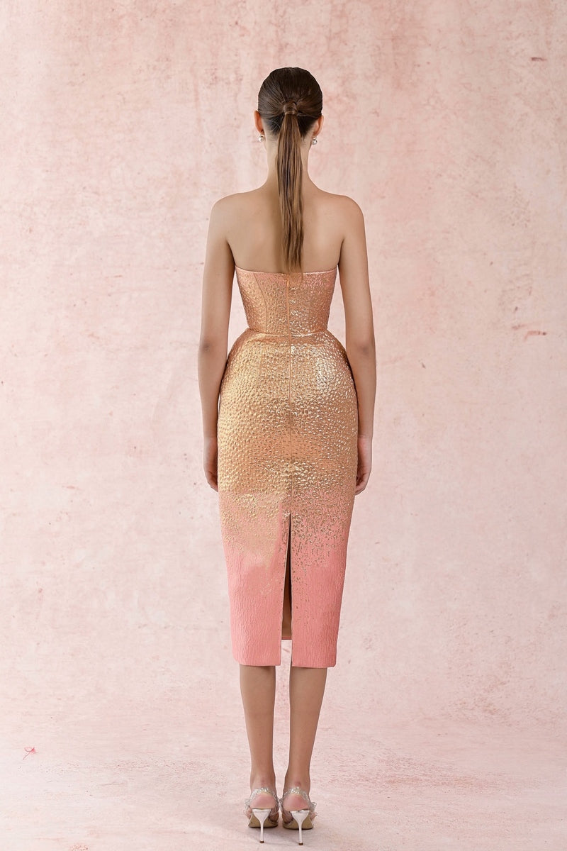 Gold to Pink Ombre Strapless Midi Dress with Textured Fabric — 3D Floral Outfits 2027