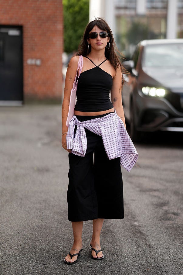 Summer Fun: Black Halter Tank with Gingham Shirt Tied at Waist and Wide-Leg Pants — Tank Top Outfits 2027