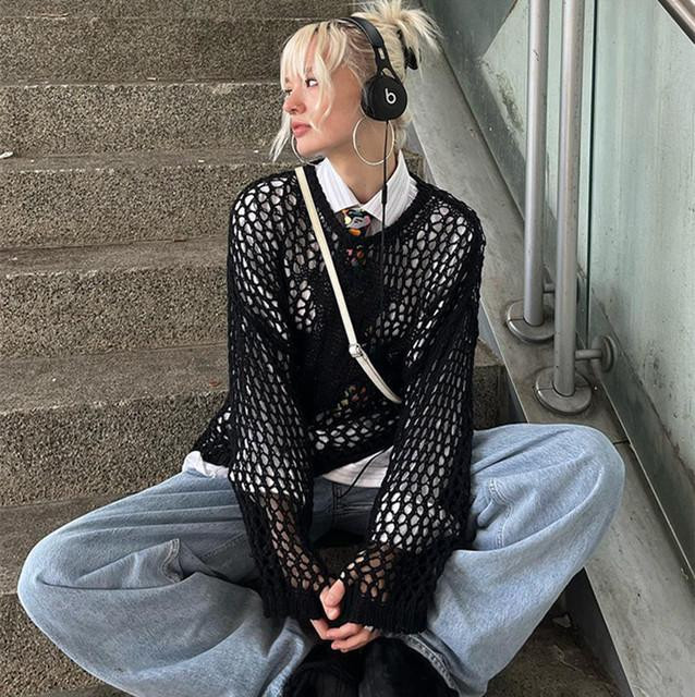 Cozy Grunge: Distressed Crochet Sweater with Wide-Leg Jeans Cozy Grunge: Distressed Crochet Sweater with Wide-Leg Jeans — Fairy Grunge Outfits 2027