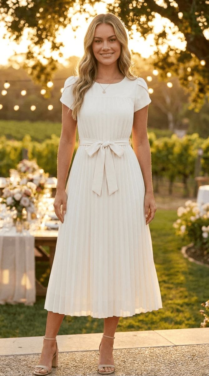 Elegant Ivory Pleated Midi Dress with Bow Belt Elegant Ivory Pleated Midi Dress with Bow Belt — Bridal Shower Dress 2027 for Guest