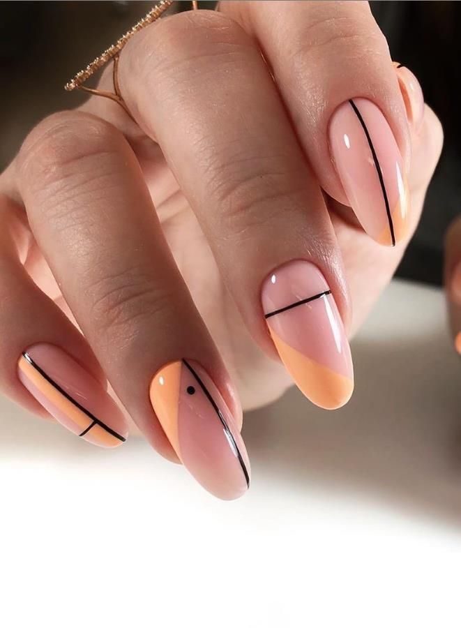 Medium Oval Pink and Peach Color Block with Lines Medium Oval Pink and Peach Color Block with Lines — Thin Line Nails 2027