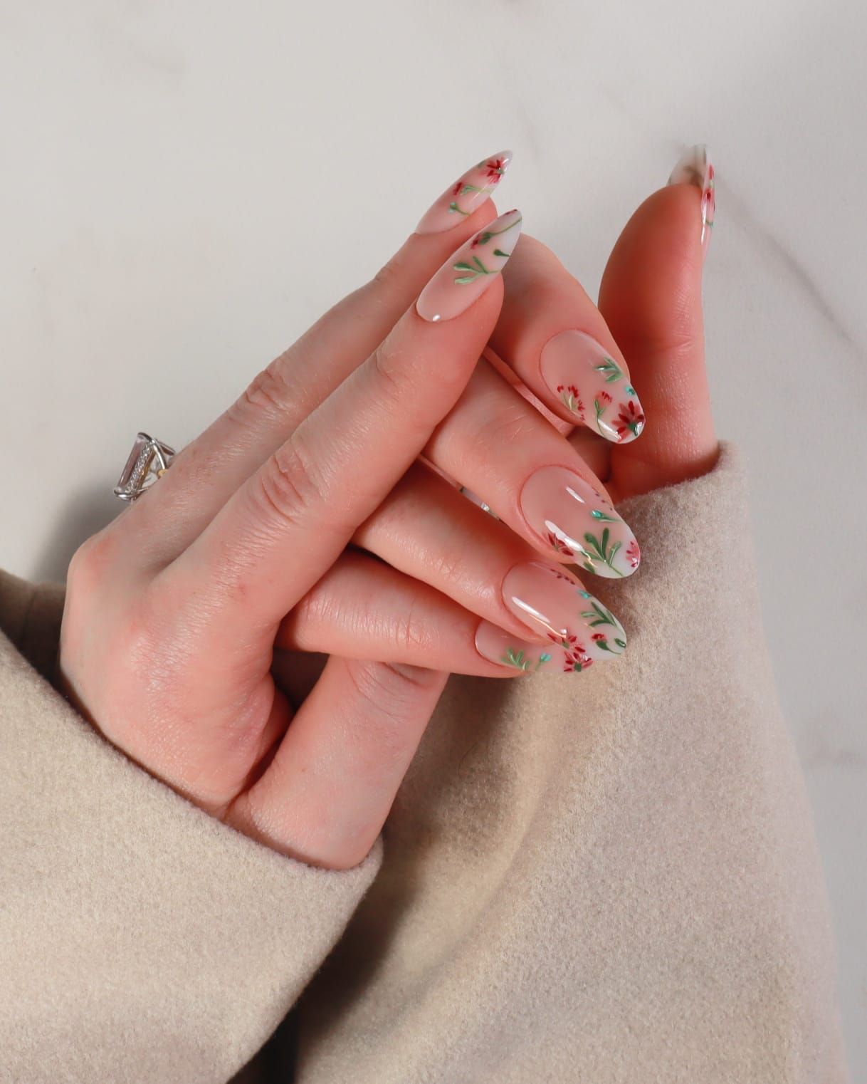 Nude Base Hand-Painted Floral Almonds Nude Base Hand-Painted Floral Almonds — Long Floral Nails 2027