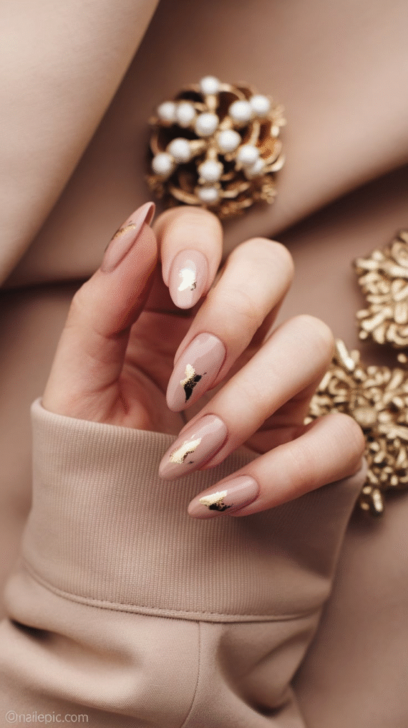 Neutral Beige Gold Foil Almond Nails Neutral Beige Gold Foil Almond Nails — Neutral Christmas Nails 2026
