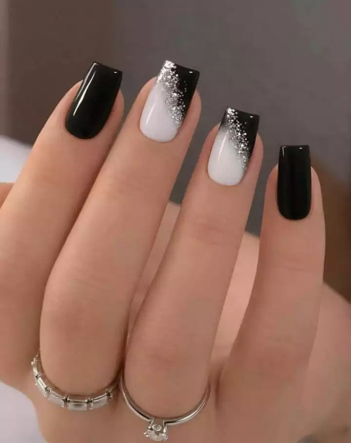 Evening Formal Black French Tips with Silver Glitter Accent Evening Formal Black French Tips with Silver Glitter Accent — Nails 2027 for Black Dress