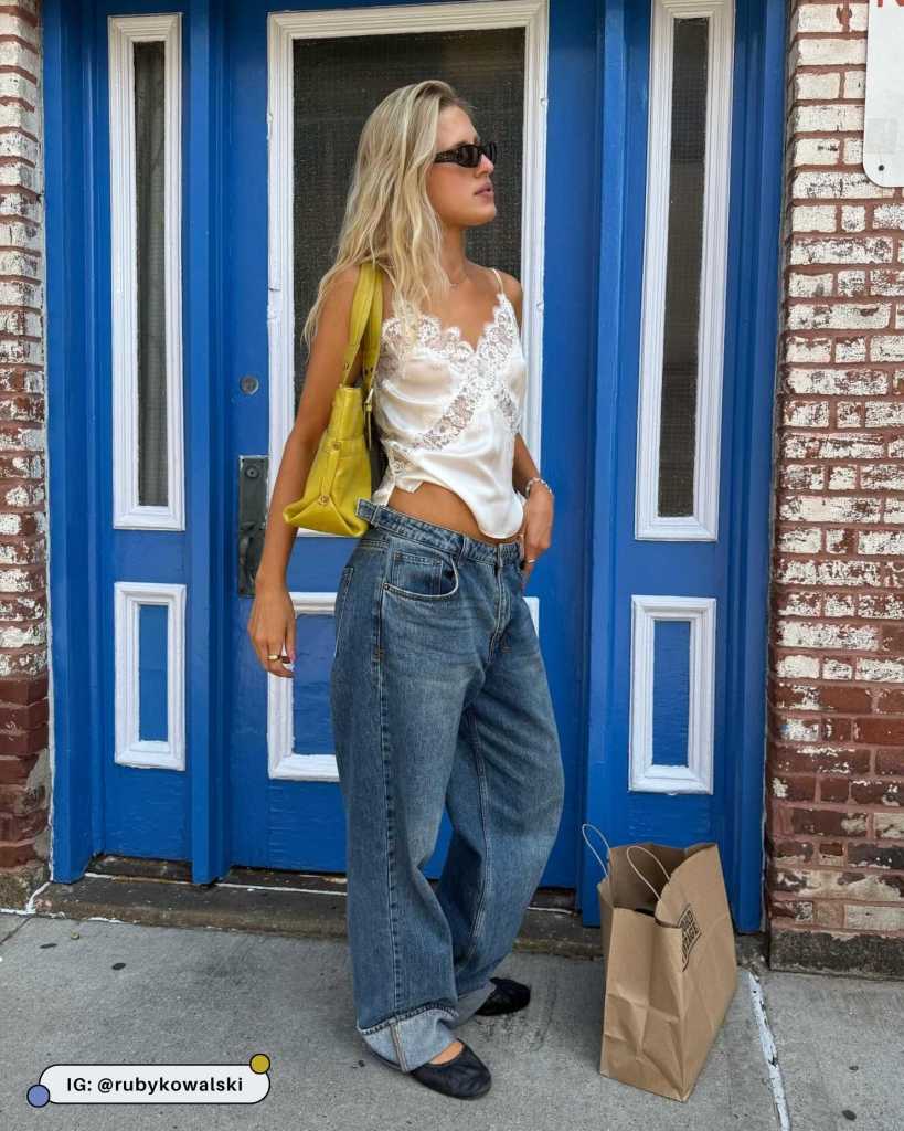 Lace-Trimmed White Satin Camisole with Wide-Leg Jeans — Satin Top Outfits 2027