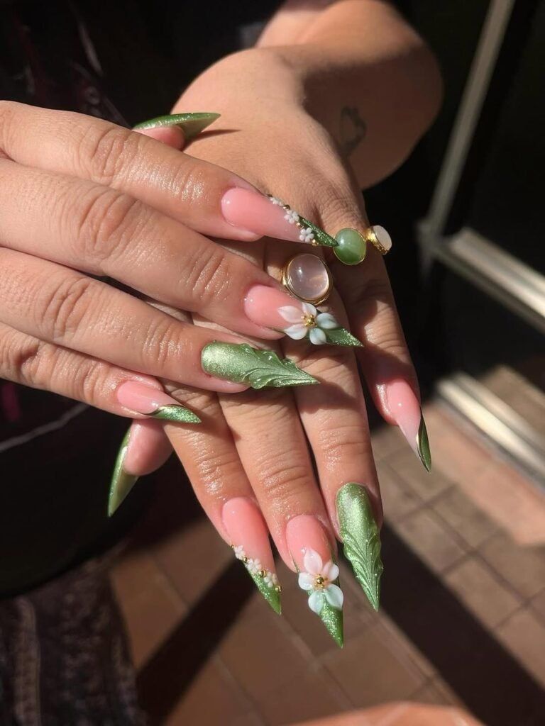 Glossy With Metallic Green Accents Visual Idea Glossy With Metallic Green Accents Visual Idea — Floral Stiletto Nails 2027