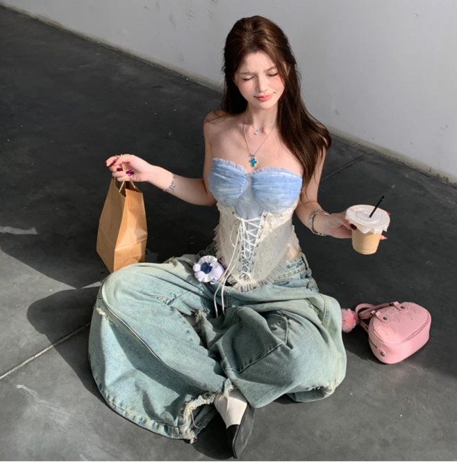Casual Cool with a Blue Lace-Up Corset and Distressed Denim Casual Cool with a Blue Lace-Up Corset and Distressed Denim — Coquette Corset Top Outfits 2027