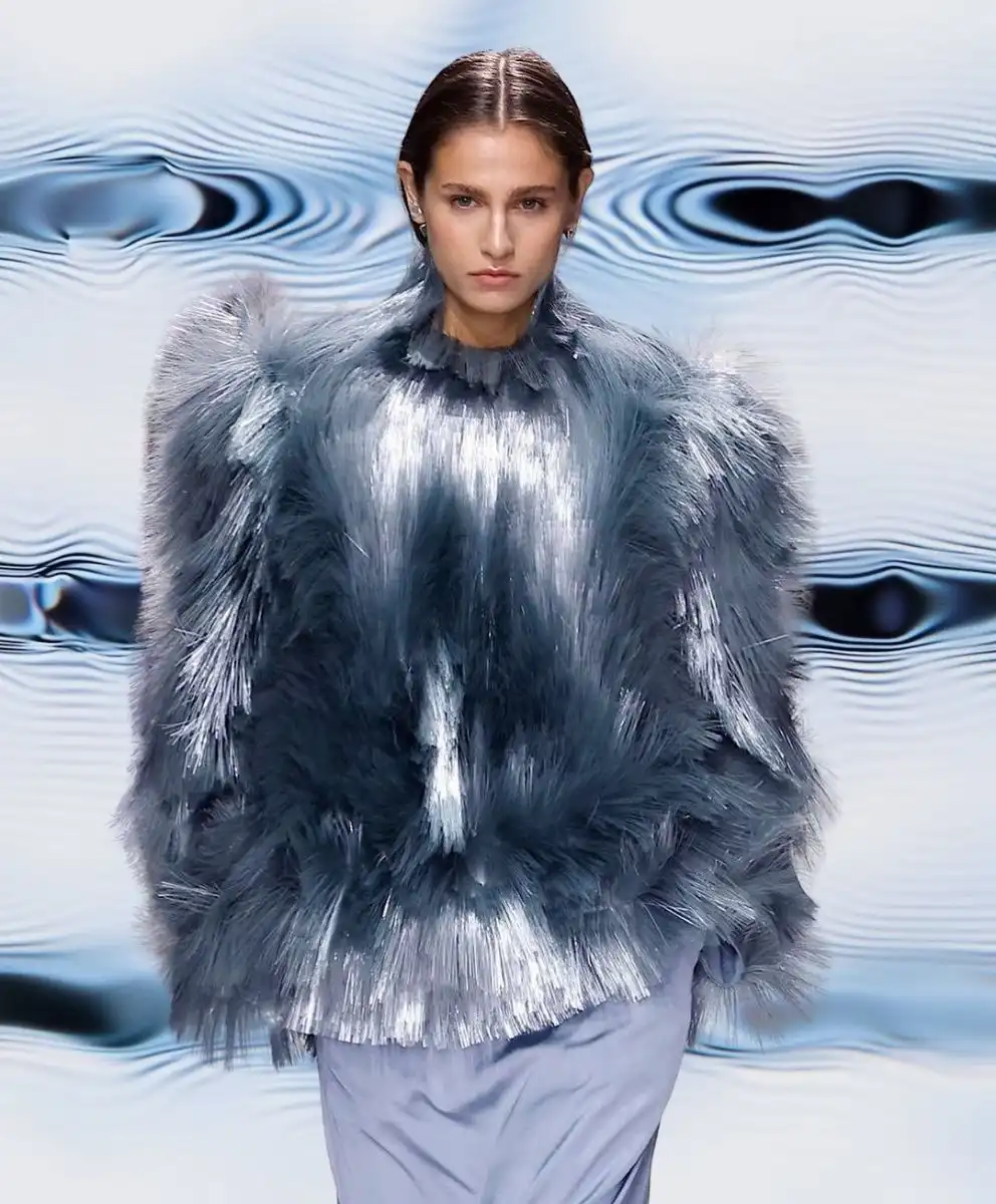 Structured Holographic Peplum Jacket Over Turtleneck and Midi Skirt — Holographic Outfits 2027