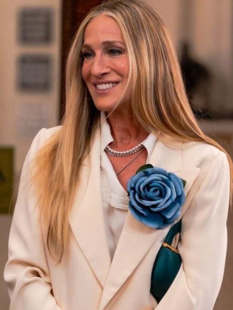 Blazer Embellishment: Oversized Blue Brooch on a Cream Blazer Blazer Embellishment: Oversized Blue Brooch on a Cream Blazer — Brooch Outfits 2027