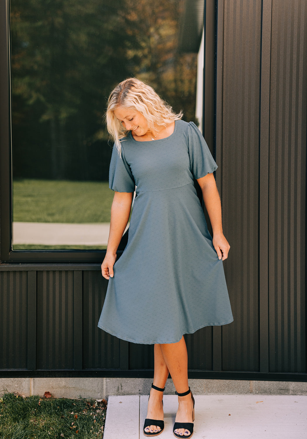 Textured Blue-Grey A-line Dress with Short Puff Sleeves Textured Blue-Grey A-line Dress with Short Puff Sleeves — Puff Sleeve Dress Outfits 2027
