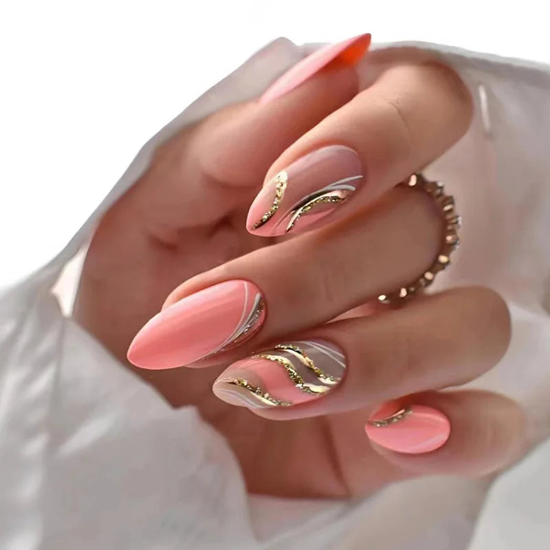 Peach Pink with Gold Wavy Lines Peach Pink with Gold Wavy Lines — Pink Rave Nails 2027