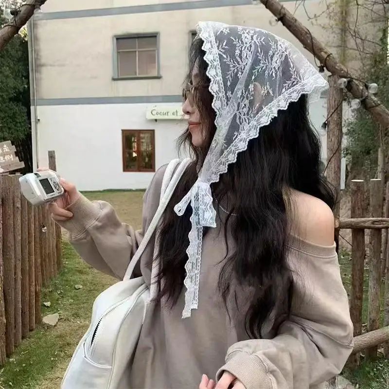 Lace Elegance: White Headscarf with Off-the-Shoulder Sweatshirt Lace Elegance: White Headscarf with Off-the-Shoulder Sweatshirt — Hair Scarf Outfits 2027