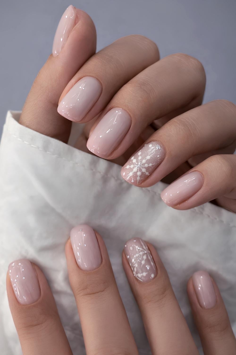 Milky Pink Snowflake Accent Nails — Cozy Winter Nails 2027