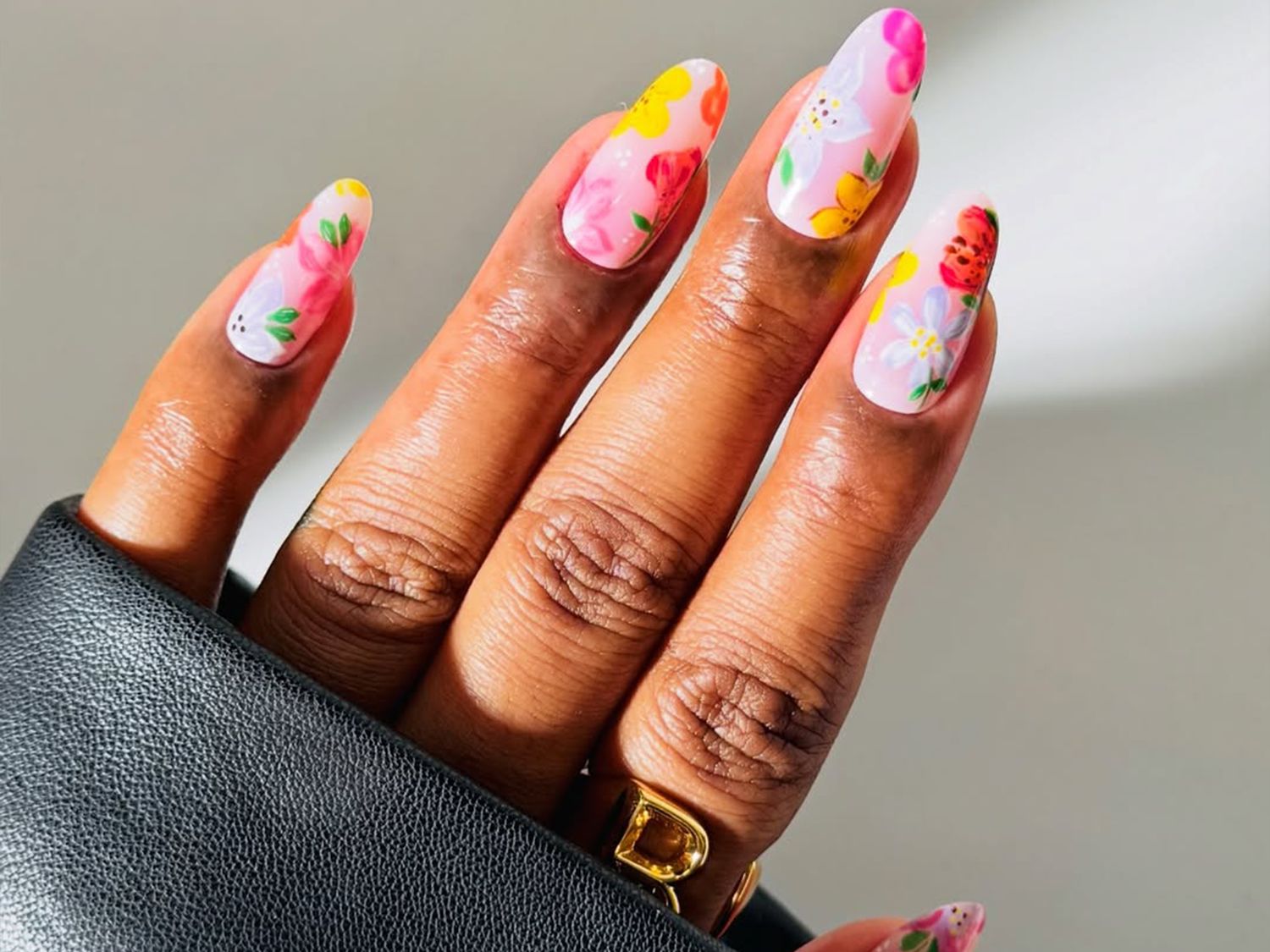 Light Pink with Vibrant Multi-Colored Florals — Floral Gel Nails 2027