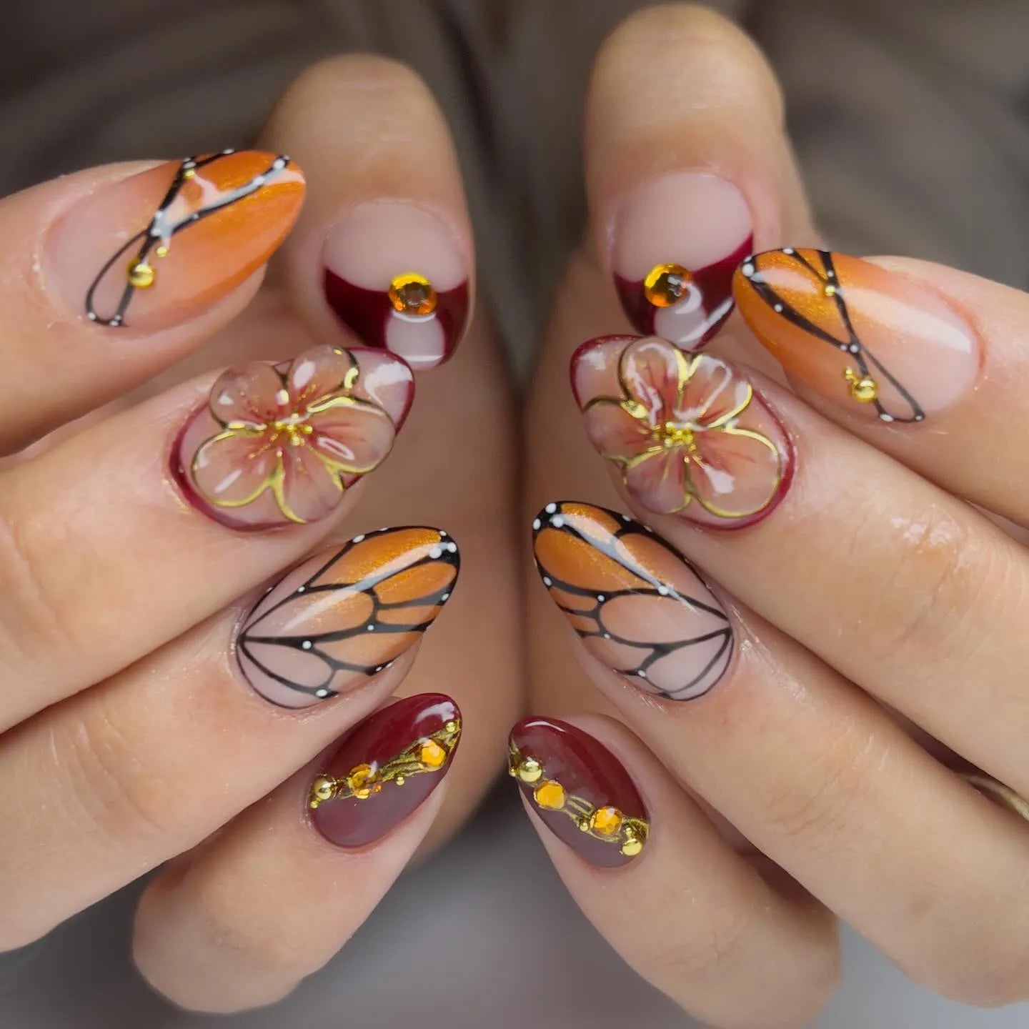 Monarch Butterfly 3D Floral Almonds — Short Butterfly Almond Nails 2027