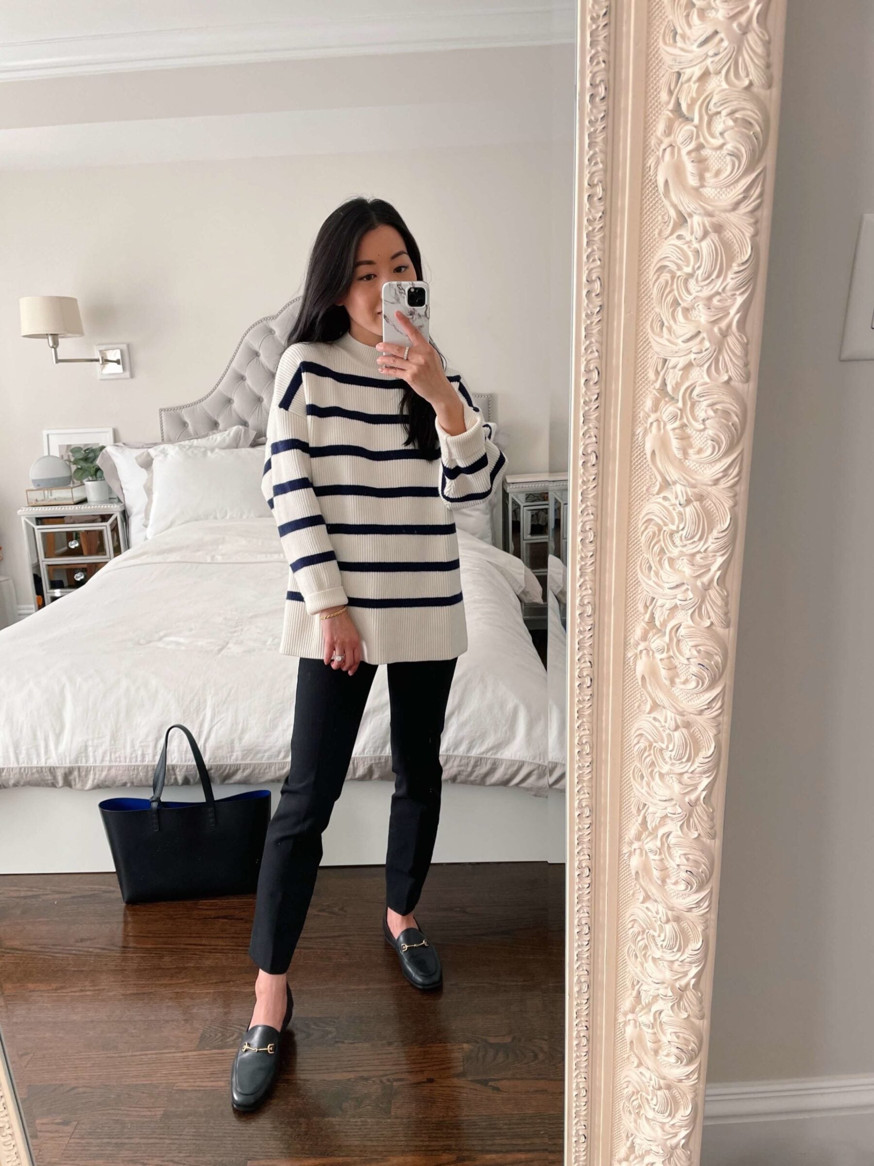 Striped Oversized Sweater and Black Trousers with Black Loafers Striped Oversized Sweater and Black Trousers with Black Loafers — Spring Outfits 2027 with Loafers