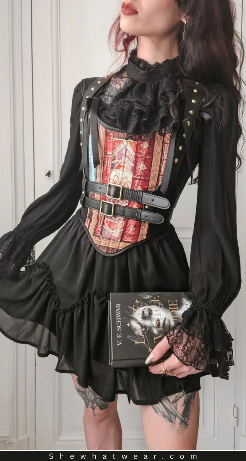 Sheer Lace Top Under Mini Dress with Corset Harness Sheer Lace Top Under Mini Dress with Corset Harness — Goth Lace Outfits 2027