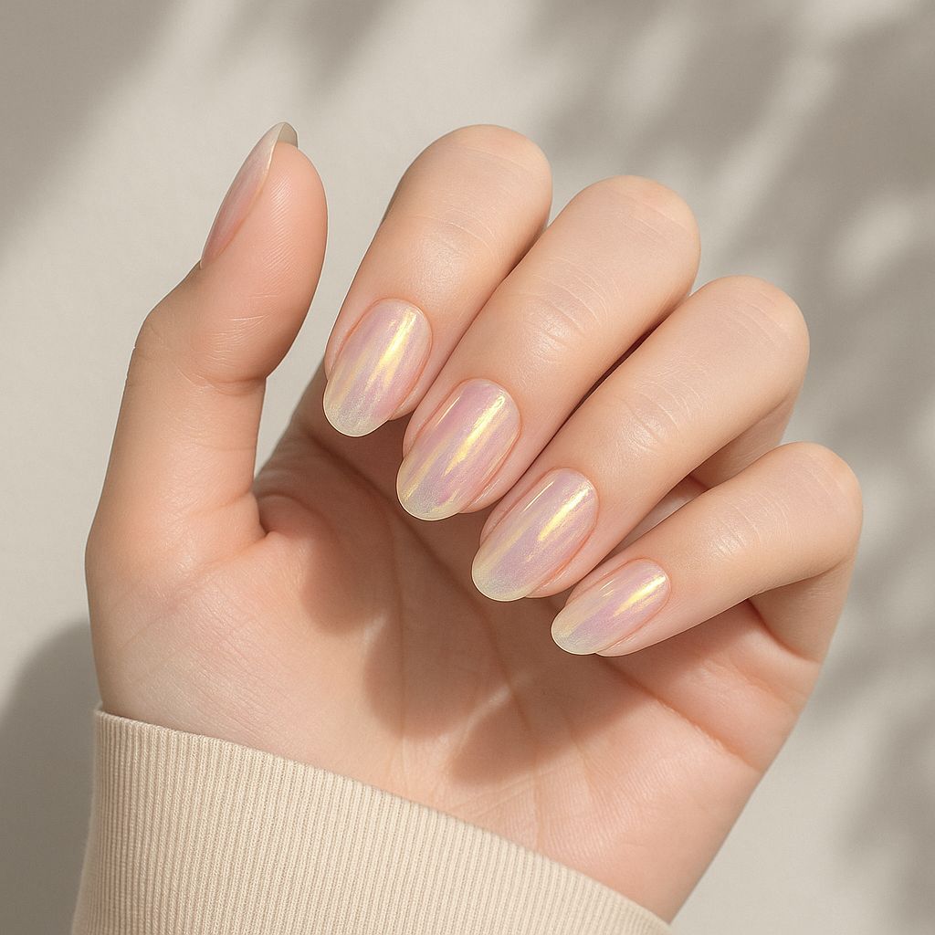 Milky Iridescent Yellow Oval Nails Milky Iridescent Yellow Oval Nails — Champagne Nails 2027