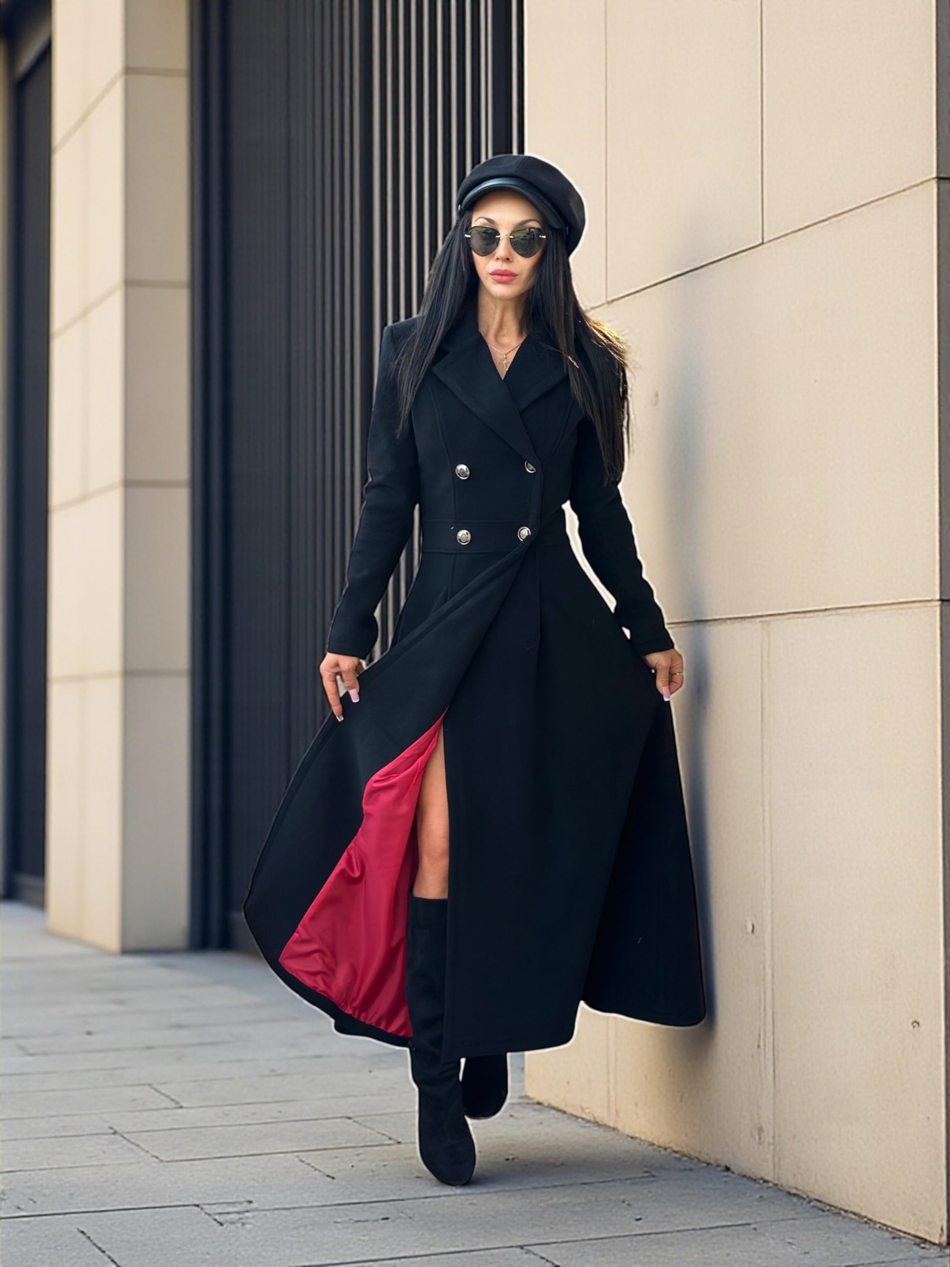 Black Double-Breasted Coat with Red Lining Detail Black Double-Breasted Coat with Red Lining Detail — Winter Outfits 2027 with Long Coat