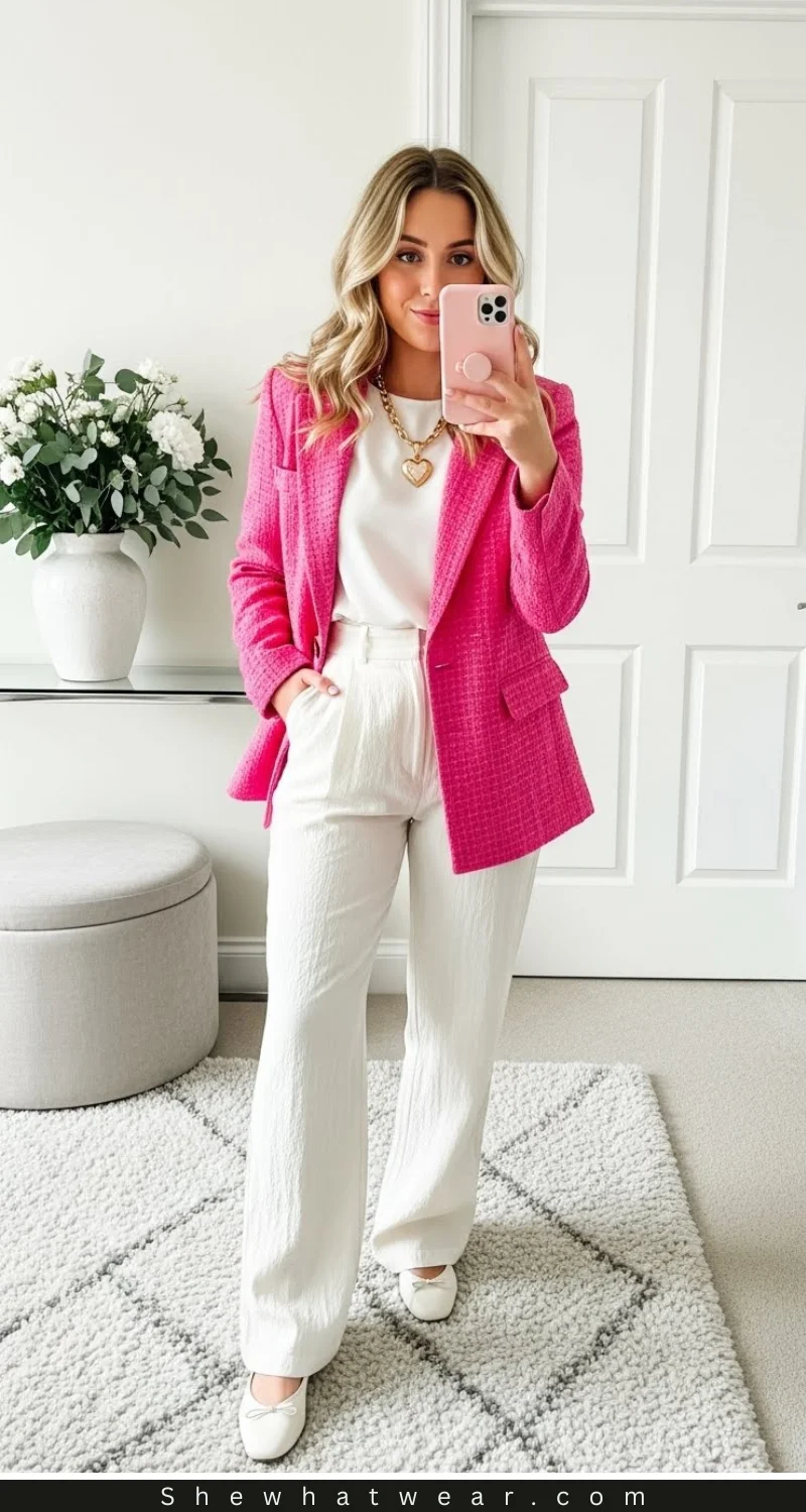 Chic Pink Textured Blazer with White Wide-Leg Pants — Pink Valentines Outfits 2027
