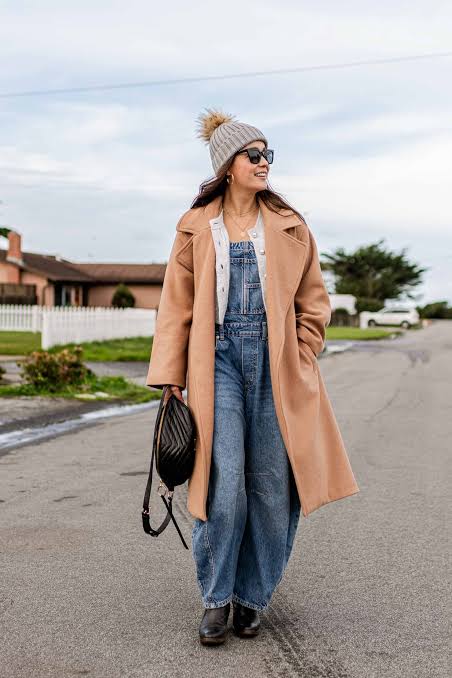 Camel Coat Over Denim Overalls for a Cozy Western Aesthetic — Winter Western Outfits 2027