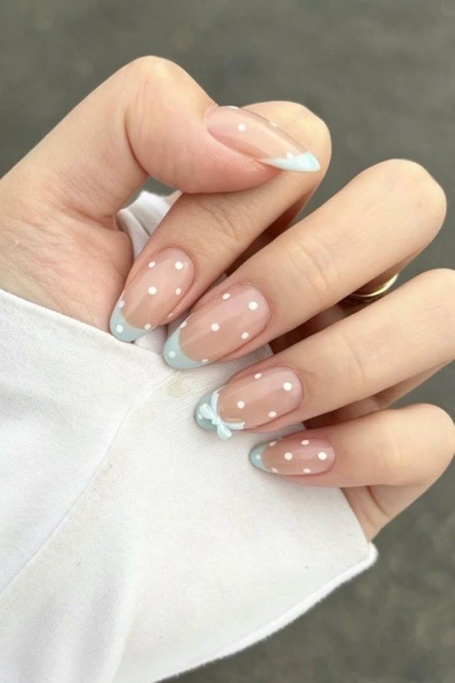 Medium Almond Light Blue French With Polka Dots And Bow Medium Almond Light Blue French With Polka Dots And Bow — Bow French Tip Nails 2027