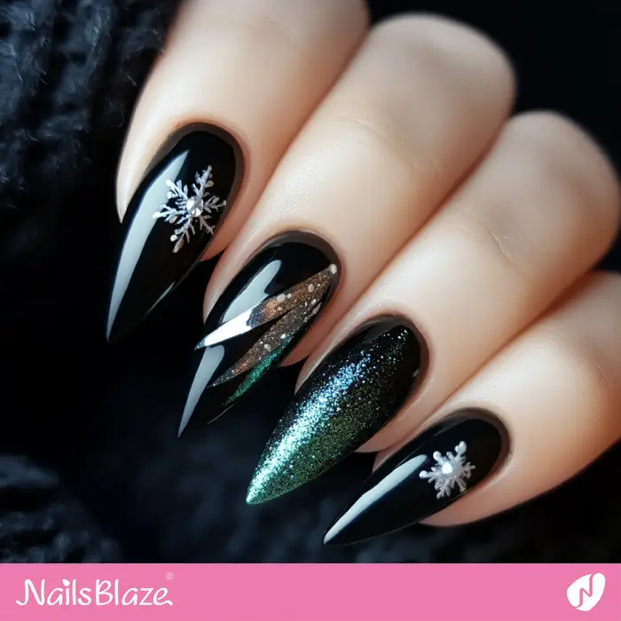Glossy Black Stiletto Snowflake Rhinestone Nails Glossy Black Stiletto Snowflake Rhinestone Nails — Winter Black Nails 2027