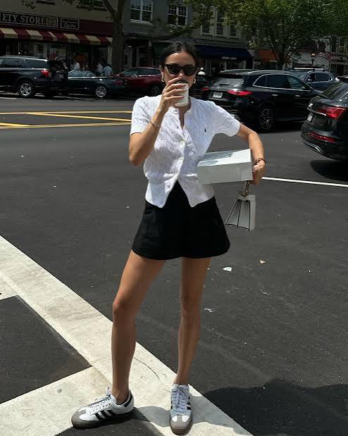 Navy Blazer and White Tee with Beige Wide-Leg Trousers and Adidas Samba Navy Blazer and White Tee with Beige Wide-Leg Trousers and Adidas Samba — Adidas Samba Spring Outfits 2027